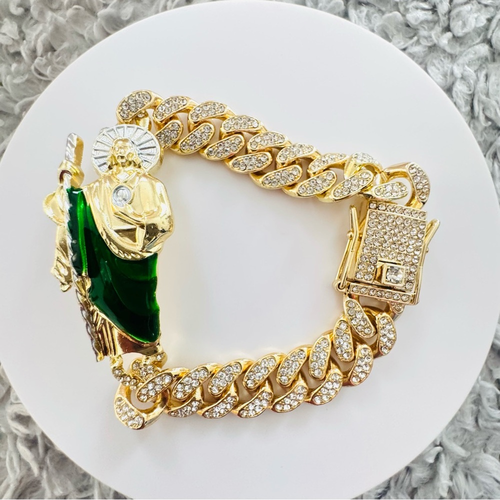 New Elegant 14K Gold Plated Green Saint Jude chunky bling bling men’s Bracelet.